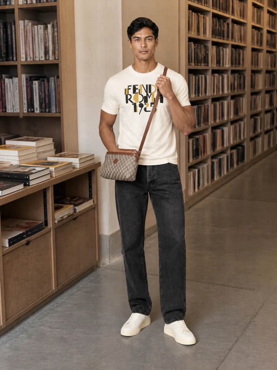 A buttercream Fendi graphic sits over washed black denim for a clean, graphic base that feels casual but considered. Tonal off-white sneakers keep the palette soft, while the slim Gucci crossbody adds a subtle preppy note in warm neutrals. It is an easy city uniform that reads luxurious without trying too hard.