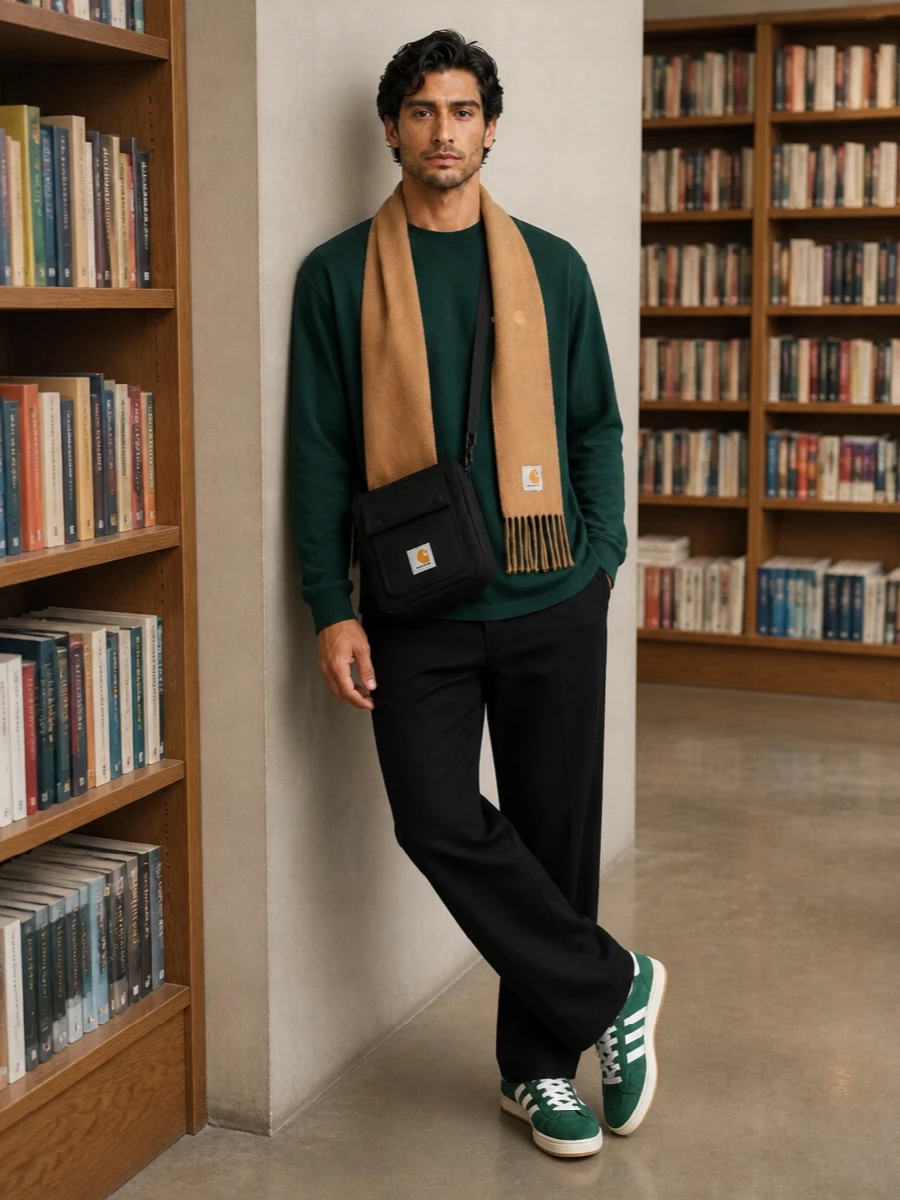 Deep forest and black set up a clean, utility-led base, with straight trousers keeping the proportions easy and unfussy. Matching green sneakers echo the top without feeling matchy, while camel accents add a quiet hit of warmth. The result is a minimal street outfit that reads practical yet thought through for cooler days.
