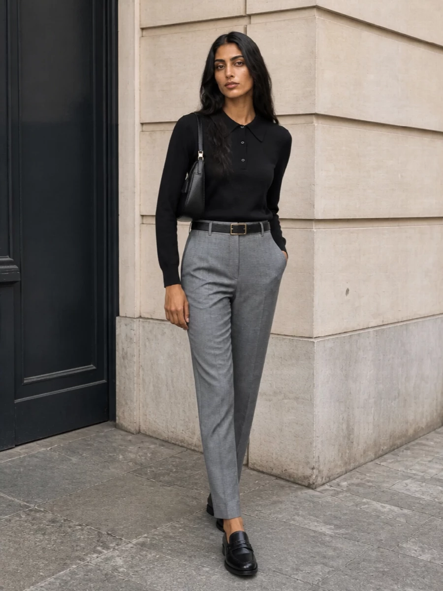 This look leans into Prada’s quiet tailoring: the inky knit polo paired with light grey straight-leg trousers creates a clean, elongated silhouette in a restrained monochrome palette. Low-heel black loafers keep the mood polished yet wearable, while the structured black shoulder bag and slim gold-buckled belt introduce just enough hardware to feel deliberate without disturbing the minimalist calm. It’s an SS city uniform that moves effortlessly from boardroom to evening drinks with understated authority.