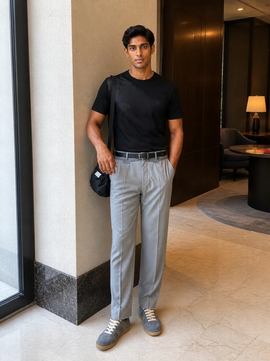 A black Margiela tee sits against light grey tailored trousers with a denim waistband, giving a clean monochrome base with a quiet twist. Tonal grey sneakers and a padded black shoulder bag keep the line low and precise, so the outfit feels polished enough for the city while reading relaxed and understated. The result is modern streetwear sharpened just enough for all-day wear without losing its nonchalant edge.