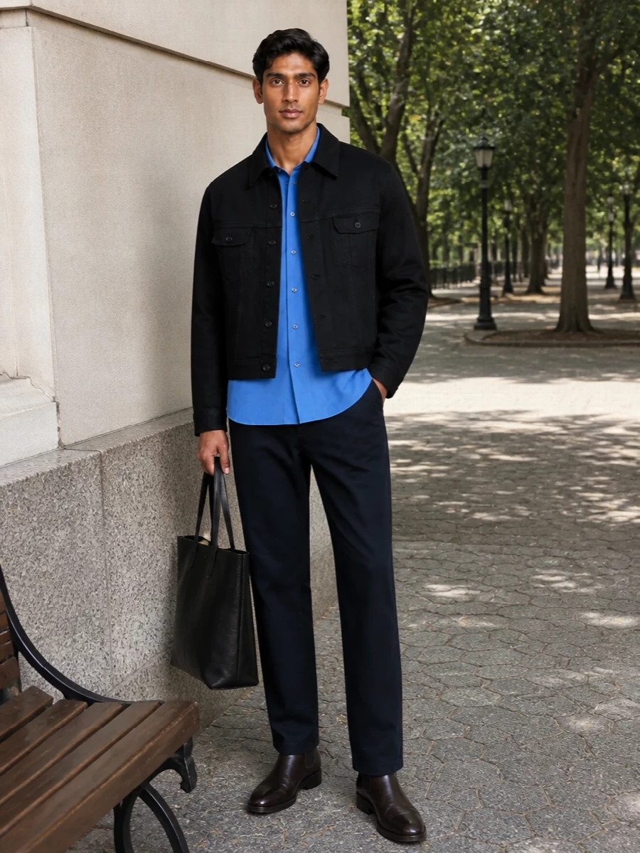 Studio nicholson jacket navy trousers outfit