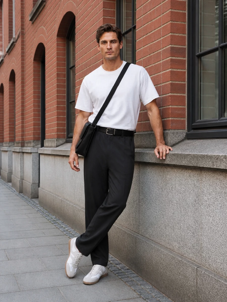 Dries van noten white tee charcoal trousers outfit
