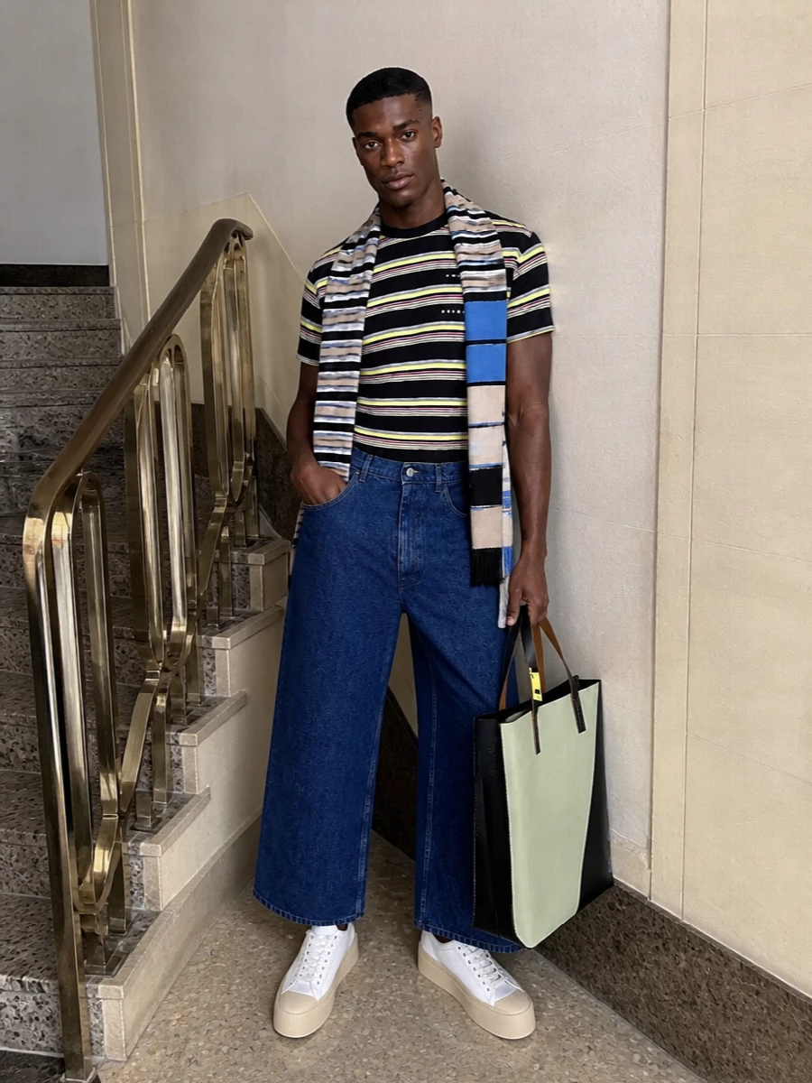 Marni striped tee wide leg jeans sneakers