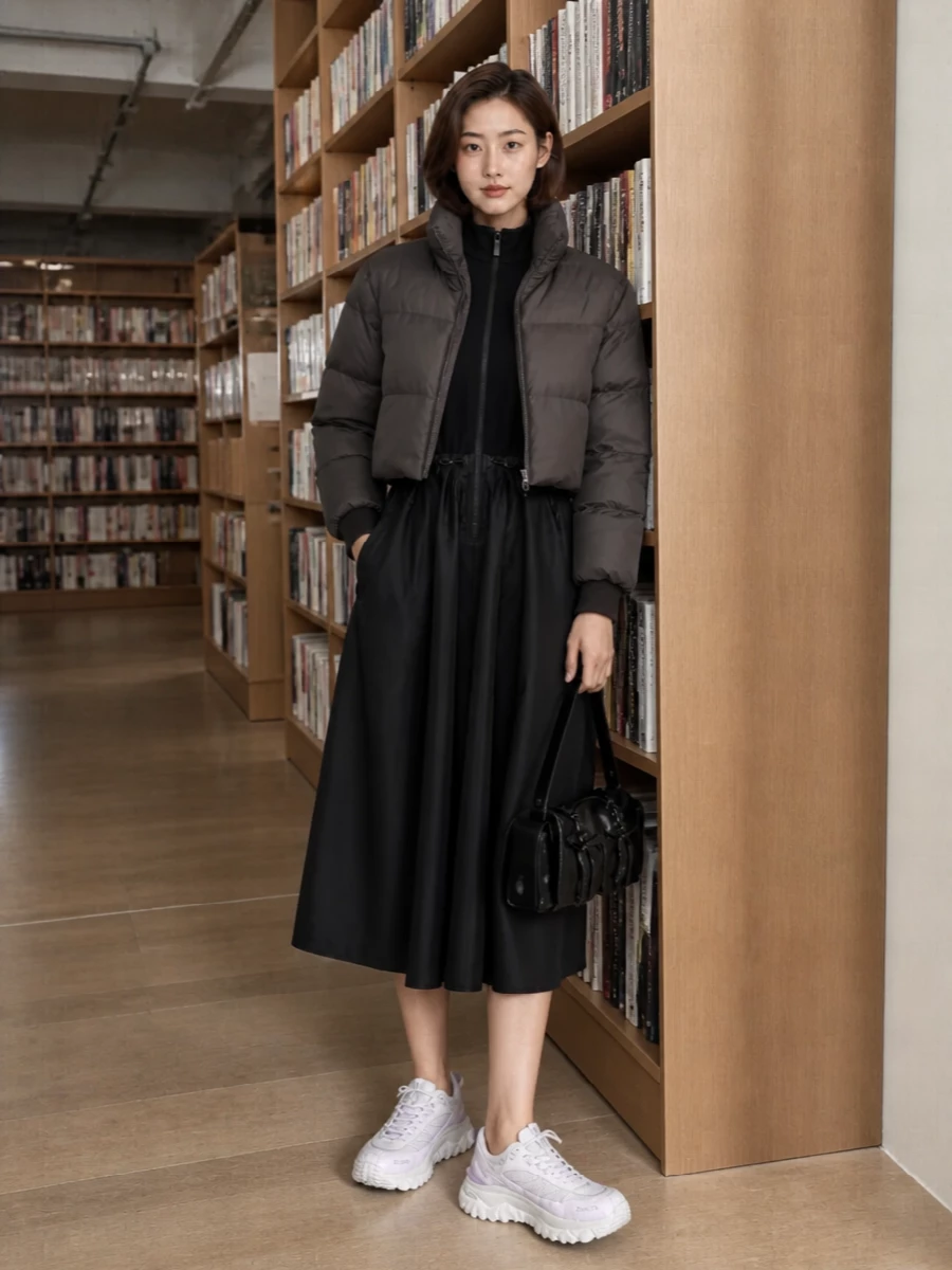 Moncler cropped puffer black midi shirt dress