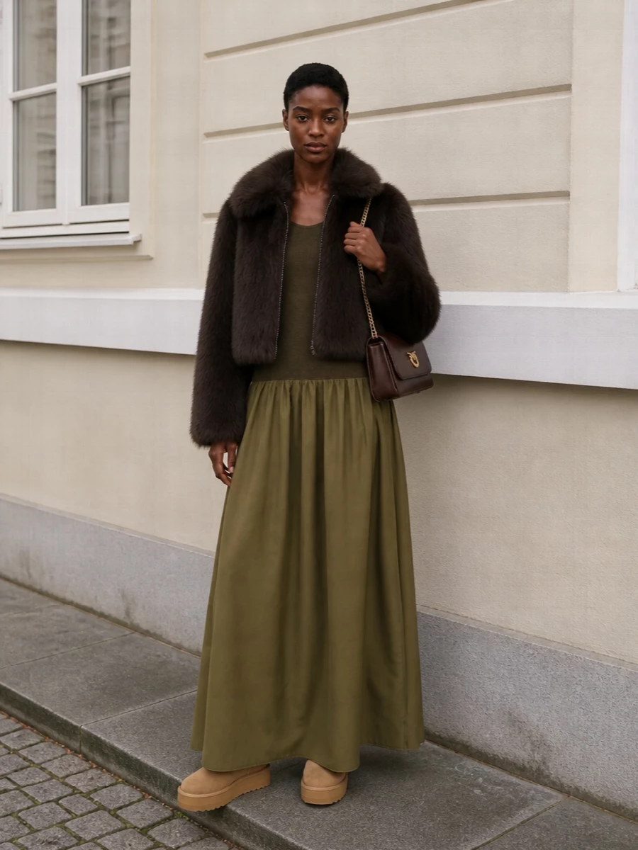 Frankie shop faux fur jacket olive maxi dress