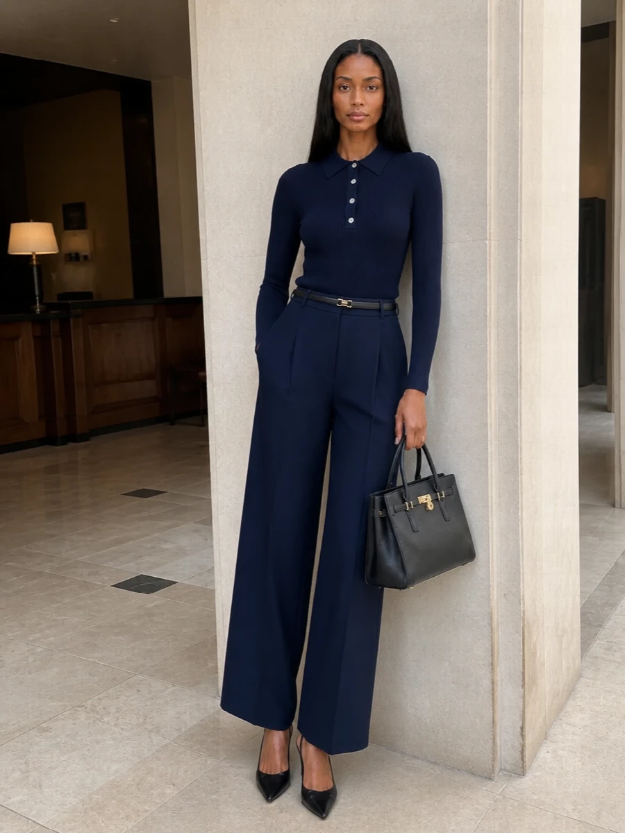 Michael kors navy wide leg trousers ribbed polo