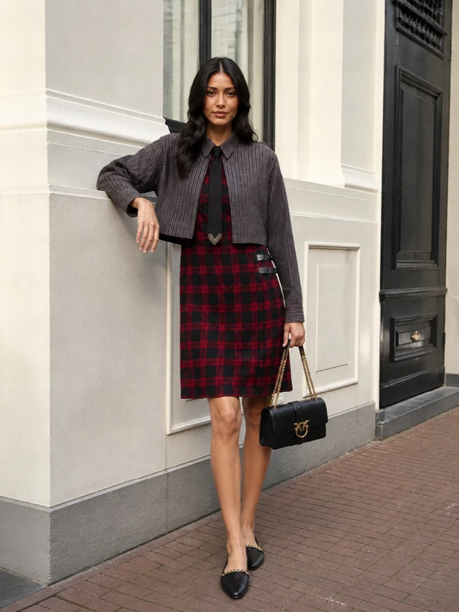 Pinko plaid dress outfit cropped tie jacket