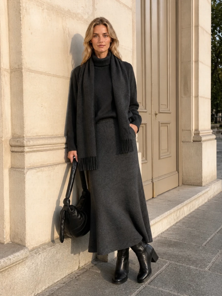 Lisa yang charcoal knit skirt turtleneck outfit