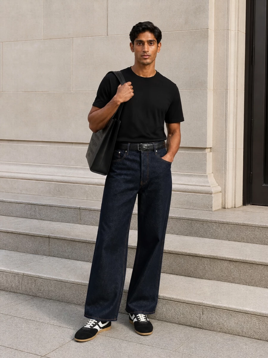 Dries van noten black tee wide leg jeans outfit