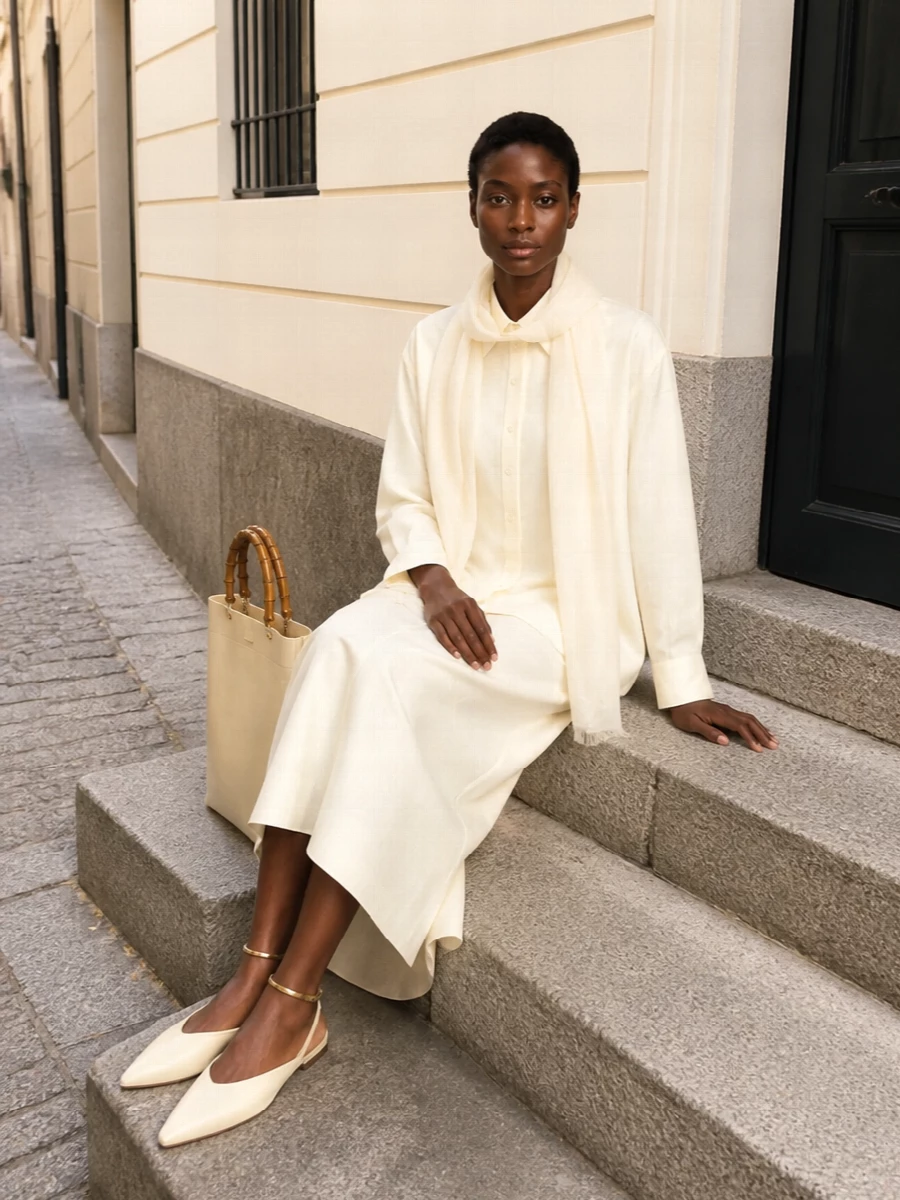 Jil sander ivory shirt midi skirt outfit