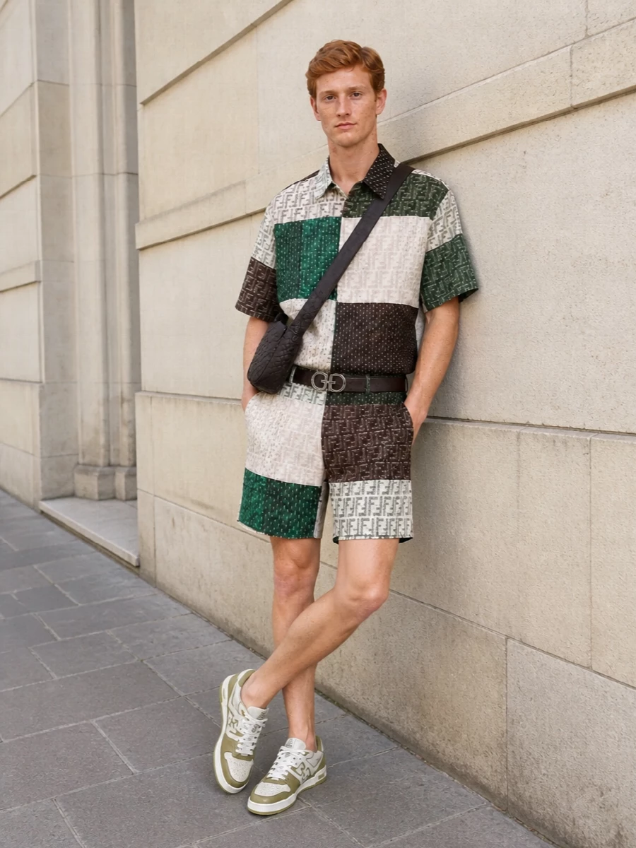 This look leans into the Fendi patchwork shirt and matching shorts as a cohesive statement set, balancing their graphic FF geometry with an easy, relaxed silhouette. Neutral-toned sneakers pick up the greens and browns without shouting, while the espresso Bottega crossbody and refined Ferragamo belt add understated structure that keeps the overall effect polished, not busy. It’s an elevated city-summer uniform that feels distinctly designer yet still effortless.