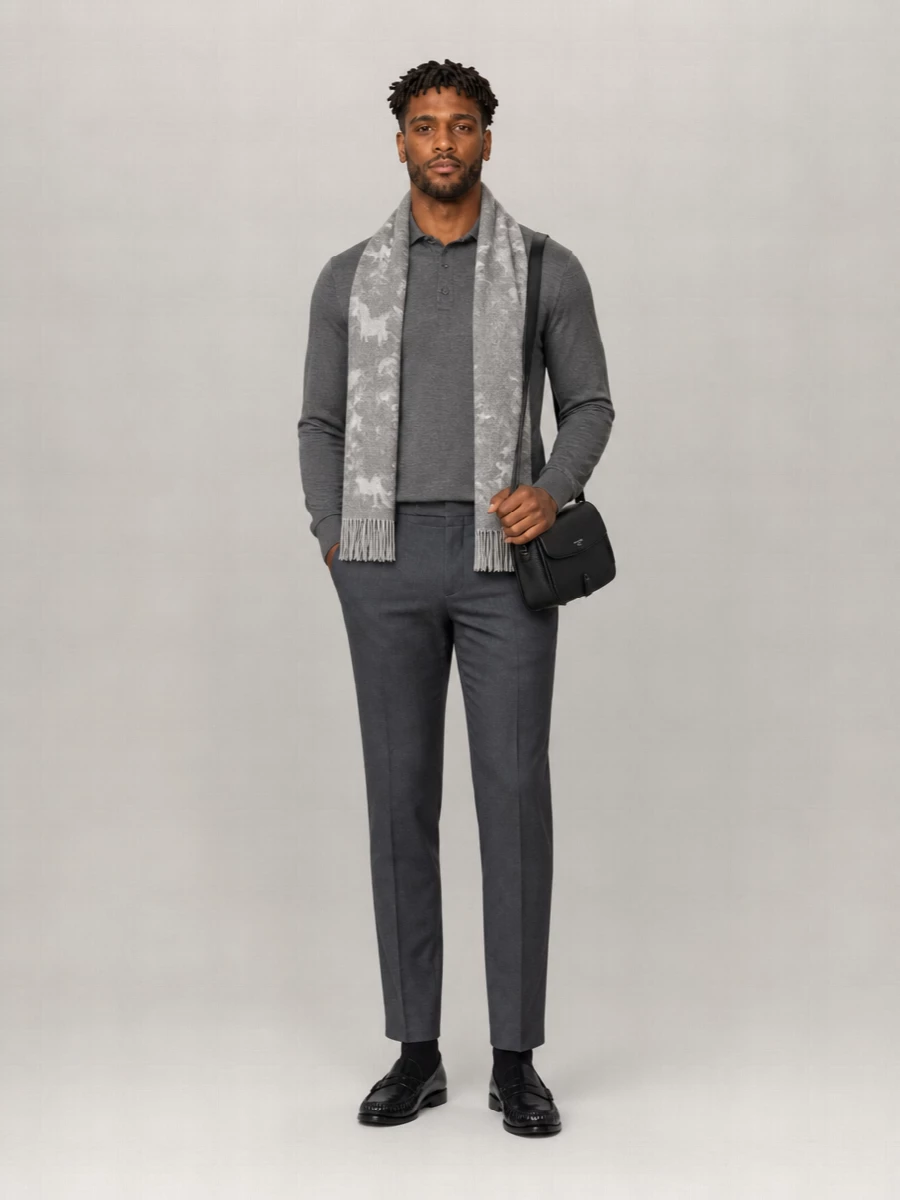 Steel-grey knitwear and charcoal tailoring keep the outfit firmly in that quiet, city-smart space. The slim ankle-length trouser sharpens the proportions, while the black loafers and structured leather bag finish things with discreet formality. A soft heather-grey scarf adds winter function without disturbing the calm, tonal palette.