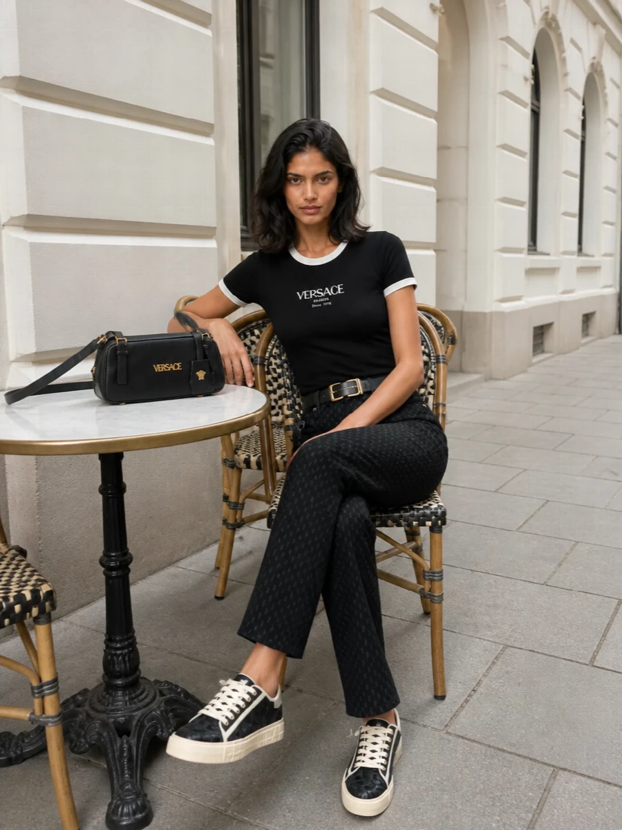 Versace jeans black logo tee sneakers outfit