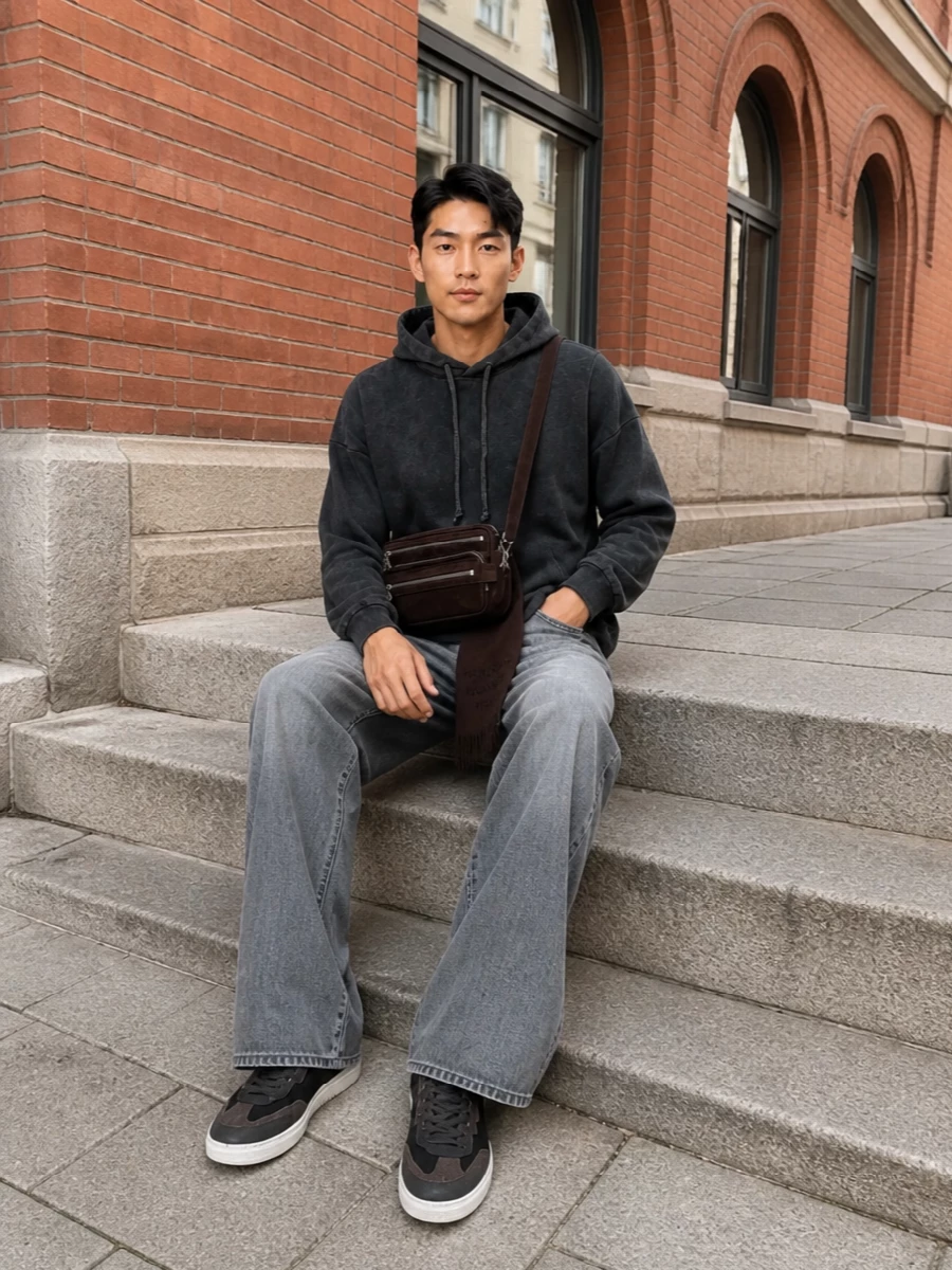 Acne studios grey hoodie wide leg jeans outfit