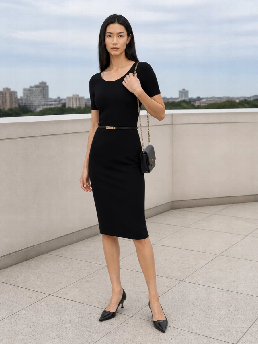 Emporio armani black midi dress outfit pumps