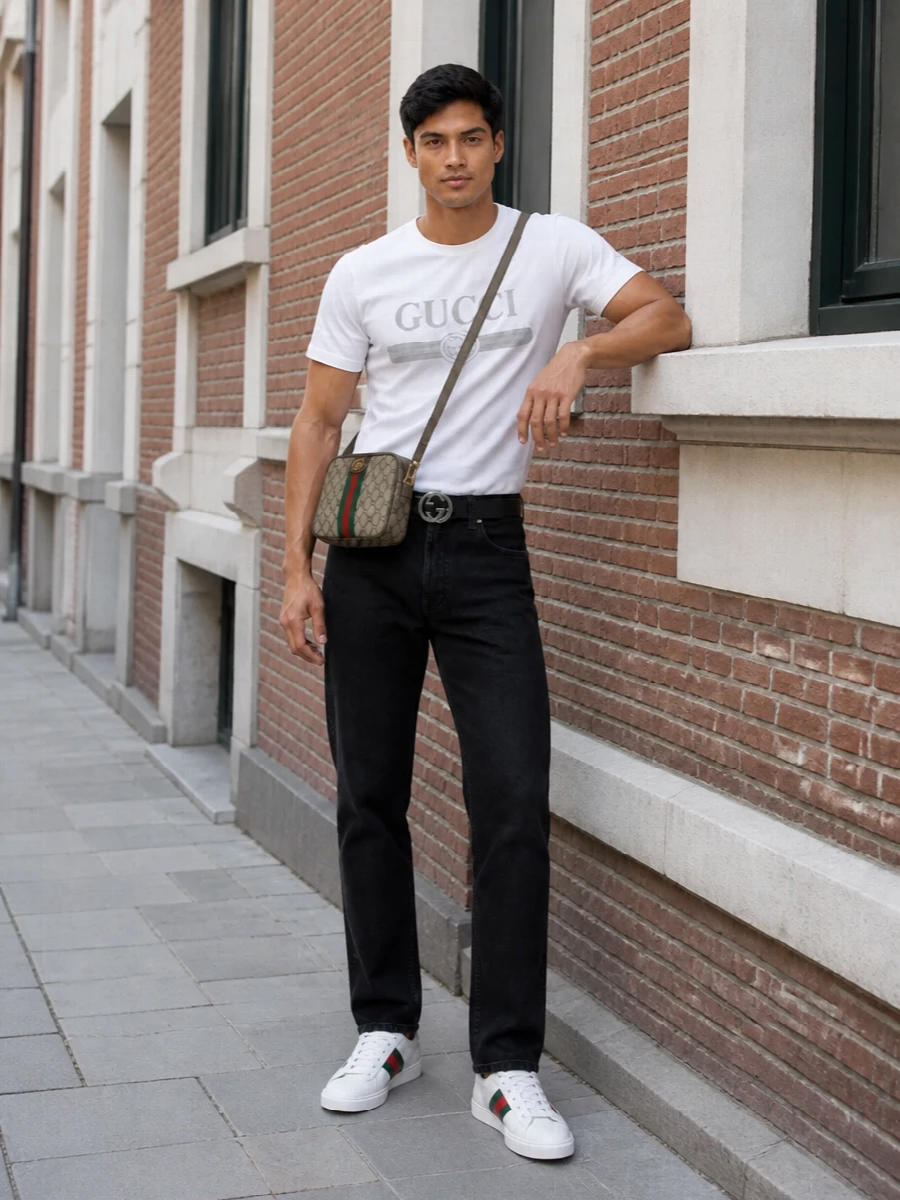 Gucci mens white logo t shirt black jeans outfit