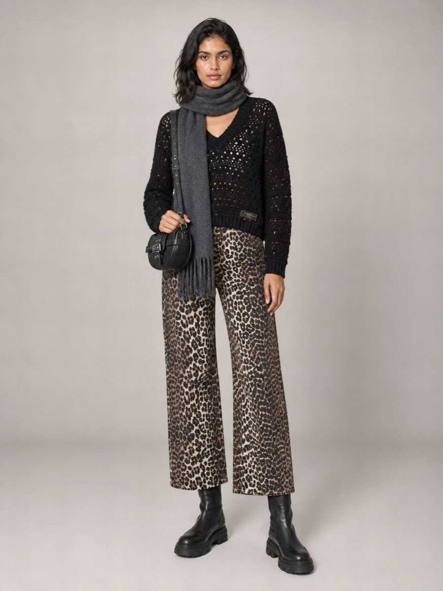 Ganni Organic Cotton Leopard-Print Wide-Leg Jeans