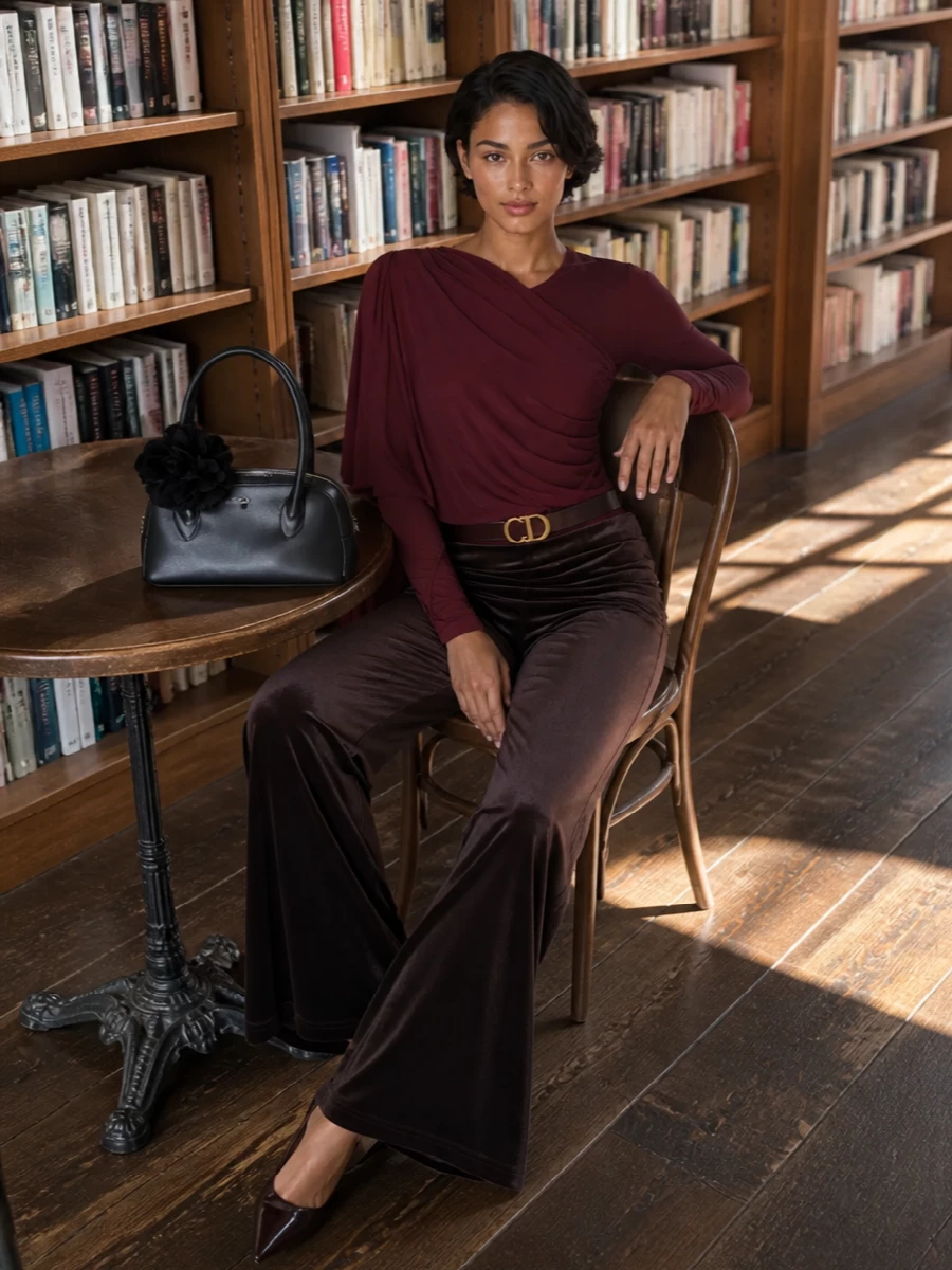 Andamane chocolate flared pants evening outfit