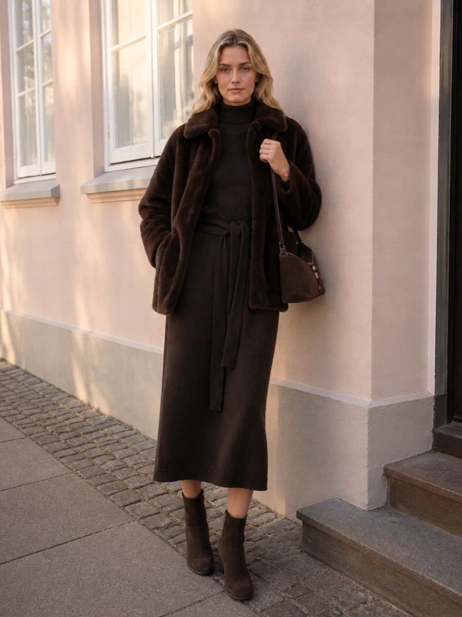Herno faux fur coat lemaire brown knit dress outfit
