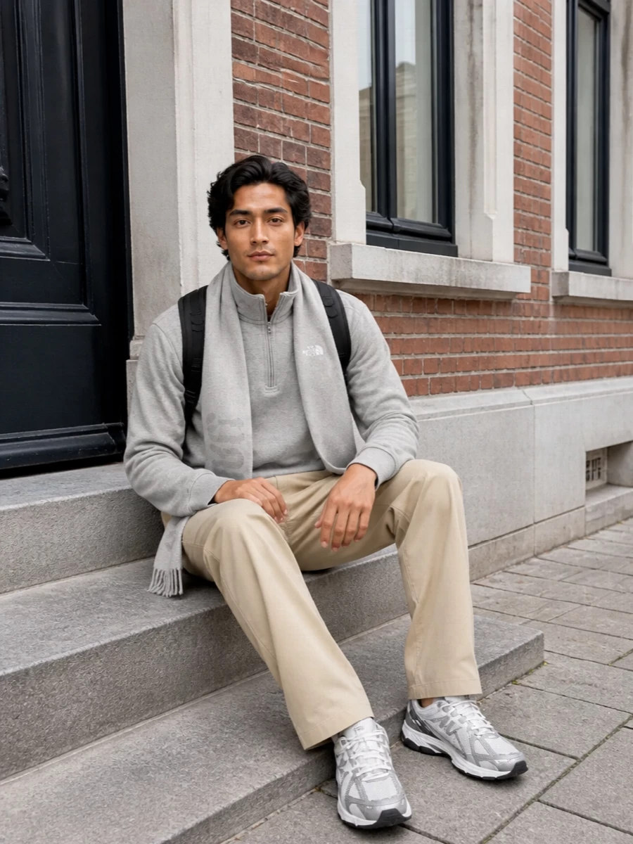 North face grey sweatshirt beige pants new balance