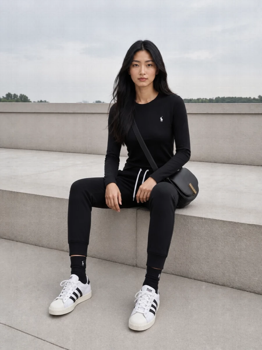 A black Ralph Lauren tee and matching slim joggers create a clean, monochrome base with a quietly sporty attitude. White Adidas sneakers introduce just enough contrast to keep it fresh and light. A compact black saddle bag and tonal socks finish the outfit with polished, low-key structure that still feels relaxed and off duty.
