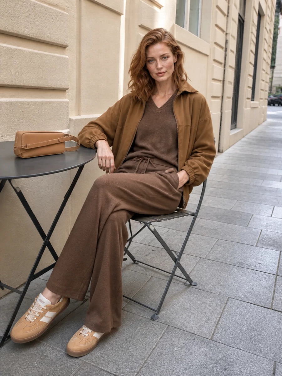 Max mara camel jacket mocha knit wide leg trousers