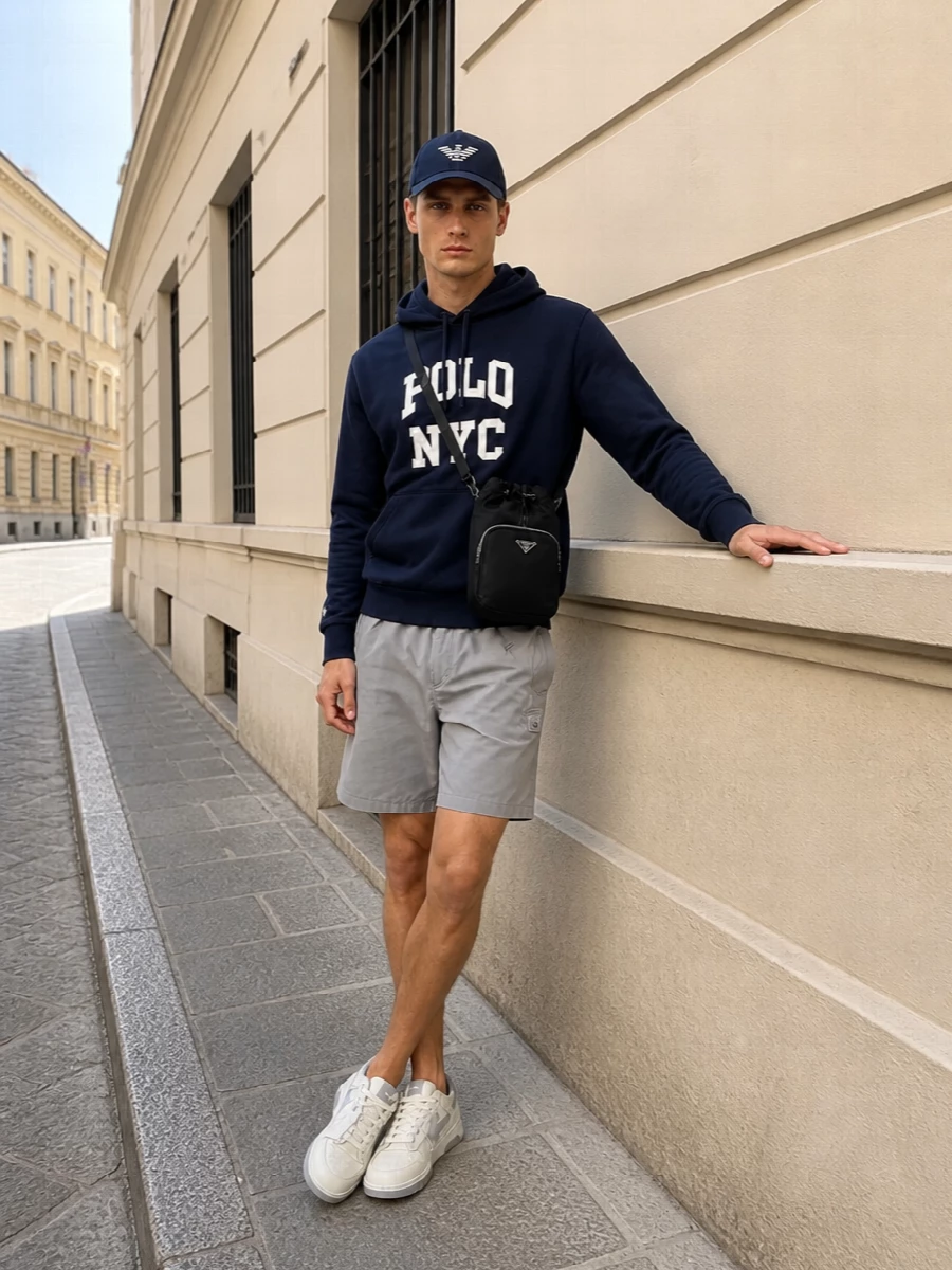 A navy cap and collegiate hoodie sit neatly over cool grey technical shorts for a clean, athletic city uniform. Off-white and grey court sneakers tie the neutrals together, adding a subtle designer hit without shouting. A compact black crossbody keeps the whole setup practical and polished for days in motion.