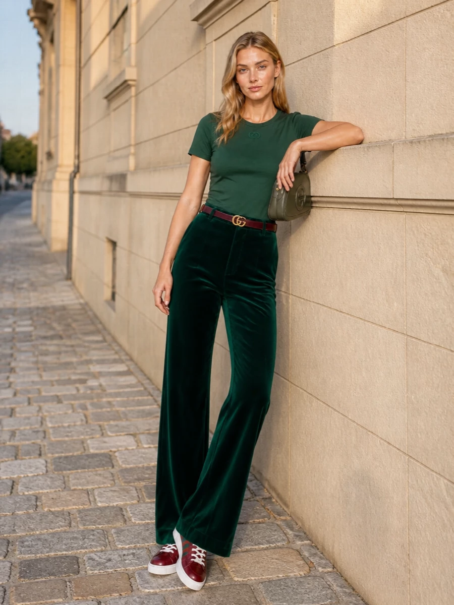 A deep forest column of tee and high-rise wide-leg trouser sets a calm, elongated base in pure Gucci green. Burgundy accents at the waist and on the sneakers introduce warmth without breaking the minimalist line, while the small olive shoulder bag keeps the palette low-key and quietly polished for city days that stretch into evening.