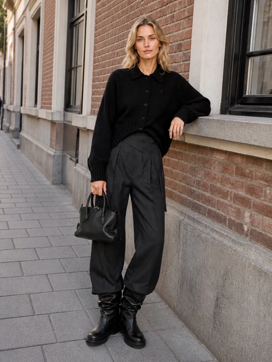 The attico black cardigan wide leg trousers outfit