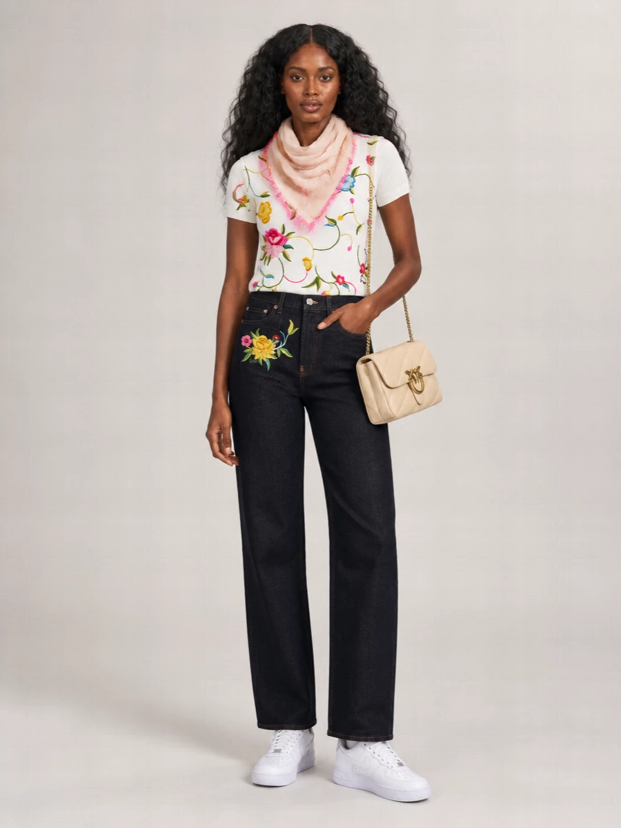 Kenzo silk wool floral embroidered short sleeve ribbed knit top