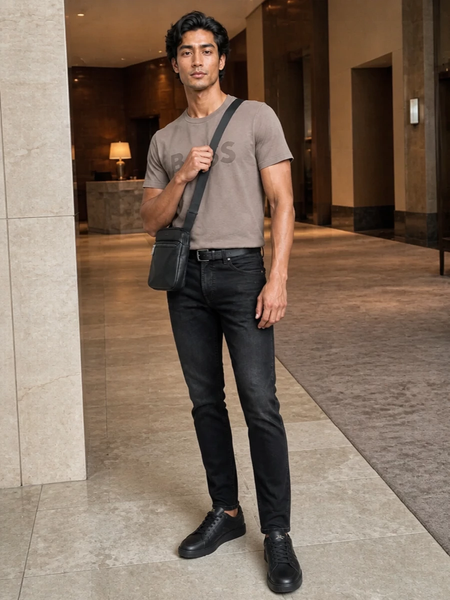 Boss taupe logo tee slim black jeans outfit