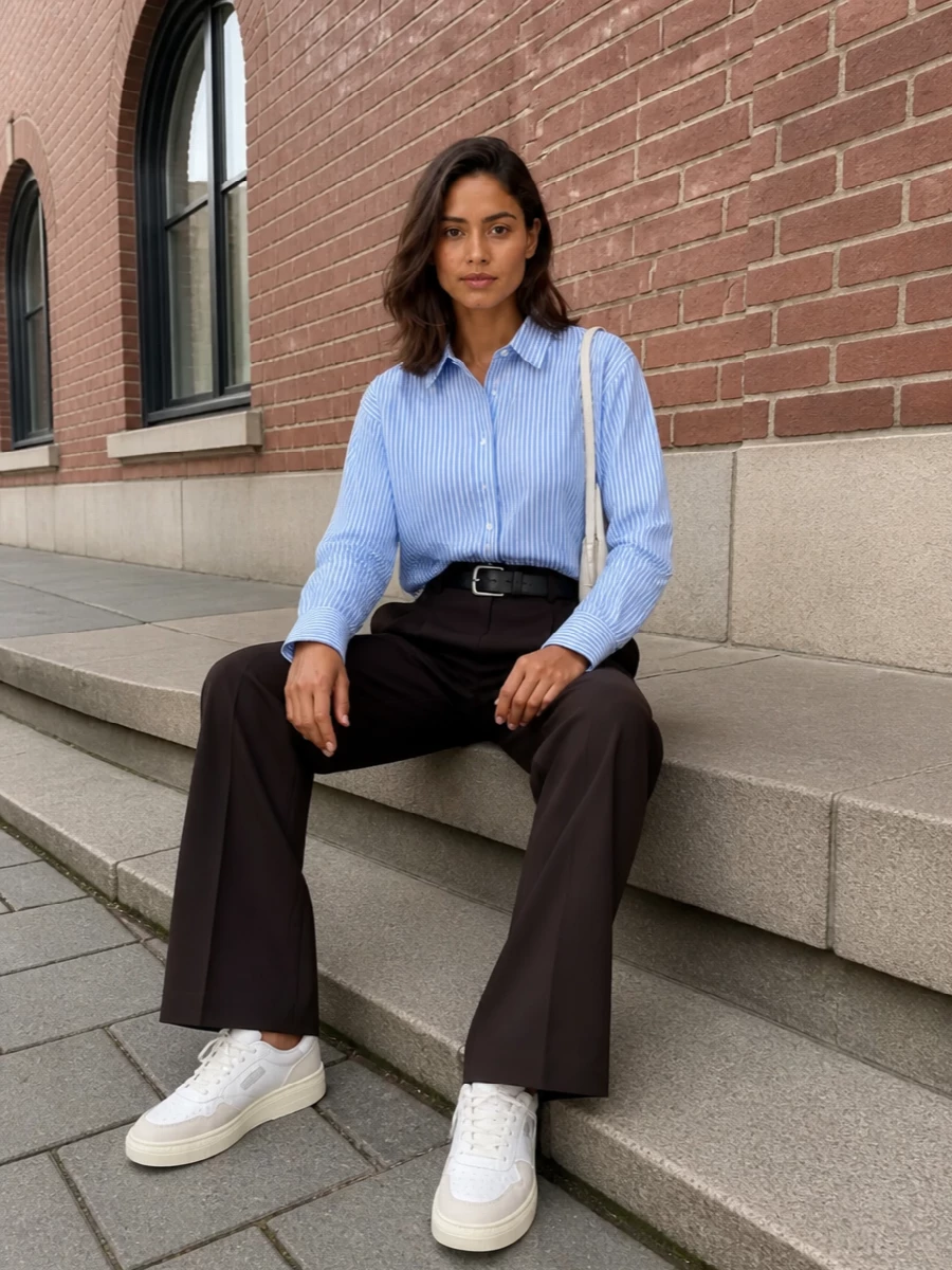 Frankie shop striped shirt brown trousers outfit