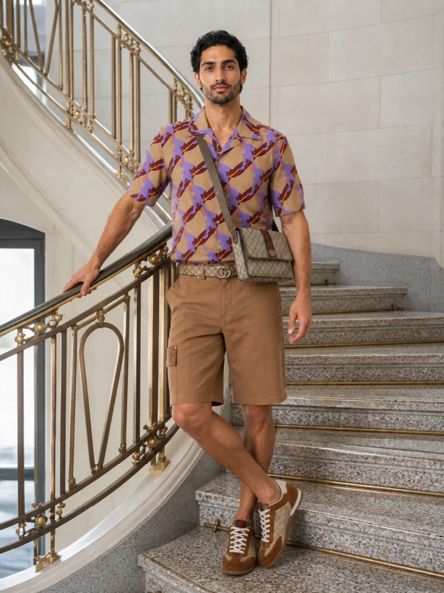 Gucci camel cargo shorts camp shirt outfit