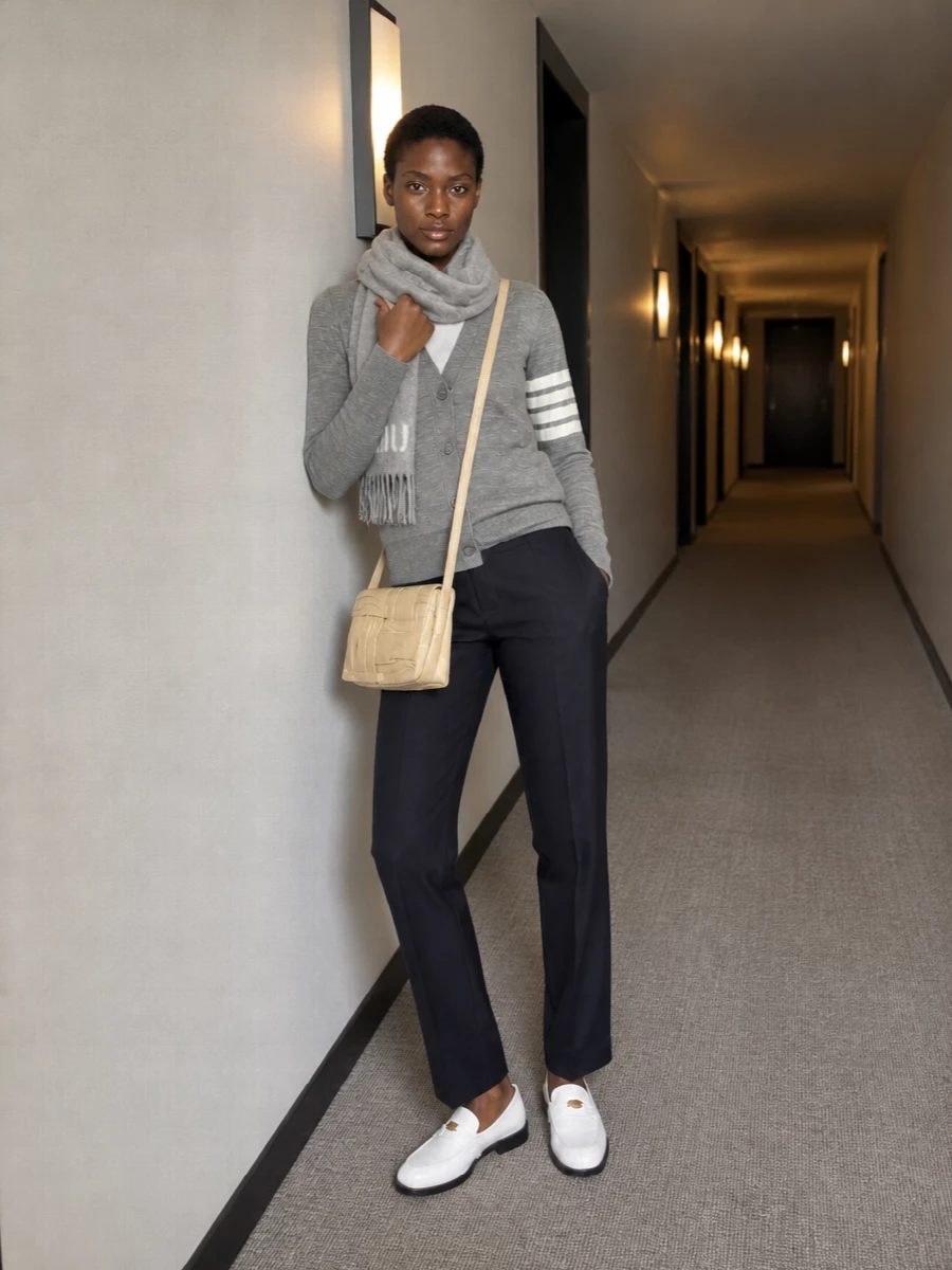 Thom browne cardigan bottega navy tailored trousers