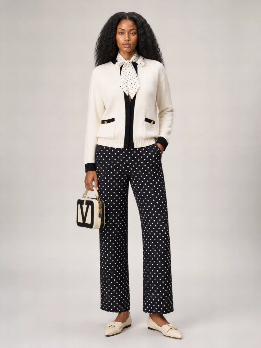A cream-and-black Valentino knit pairs with relaxed polka-dot trousers for a polished take on preppy romance. Pointed buttercream flats and a matching camera bag keep the lines clean, while a subtle dot scarf ties the graphic motif together. The result is quietly luxurious day dressing that feels considered yet easy to wear.