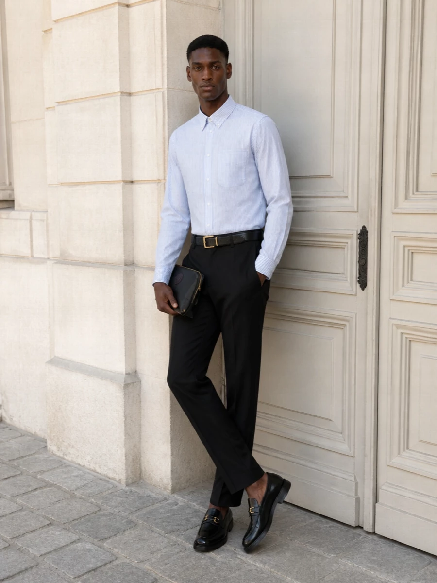 Versace black trousers striped shirt loafers