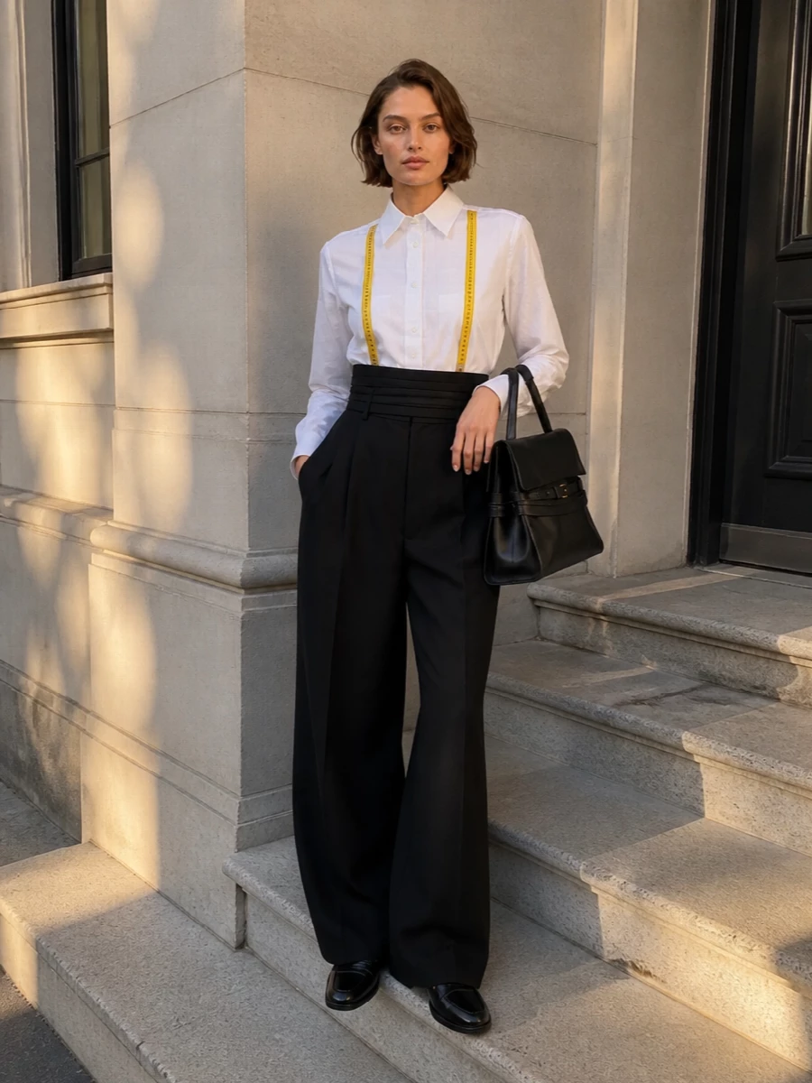 Moschino tape shirt black wide leg trousers outfit