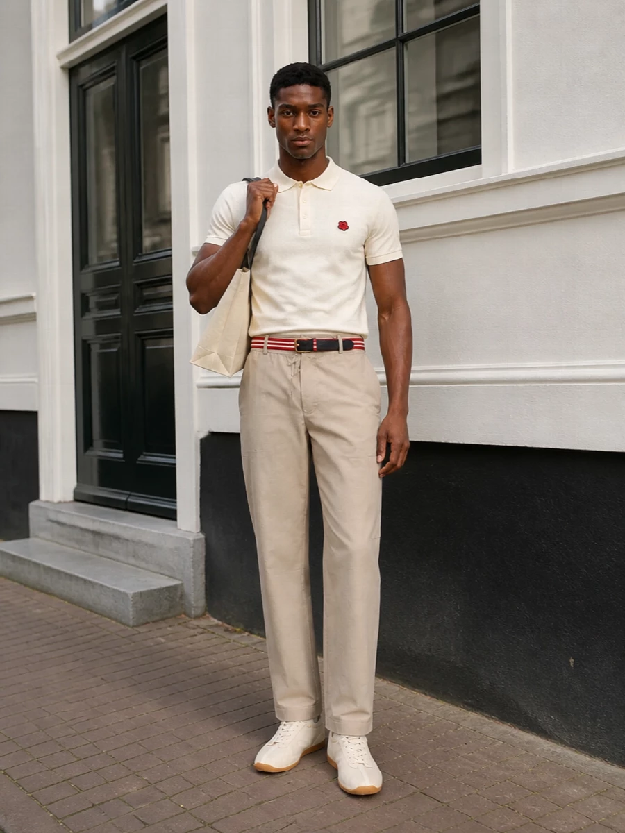 Cream on cream with a touch of sand keeps this Kenzo polo feeling fresh and quietly sharp, anchored by relaxed beige drawstring trousers that sit cleanly on the hip. Neutral cream sneakers and an off-white tote extend the light palette, while the striped belt echoes the red crest for a discreet preppy accent. The result is an easy warm‑weather city outfit that reads refined without trying too hard.
