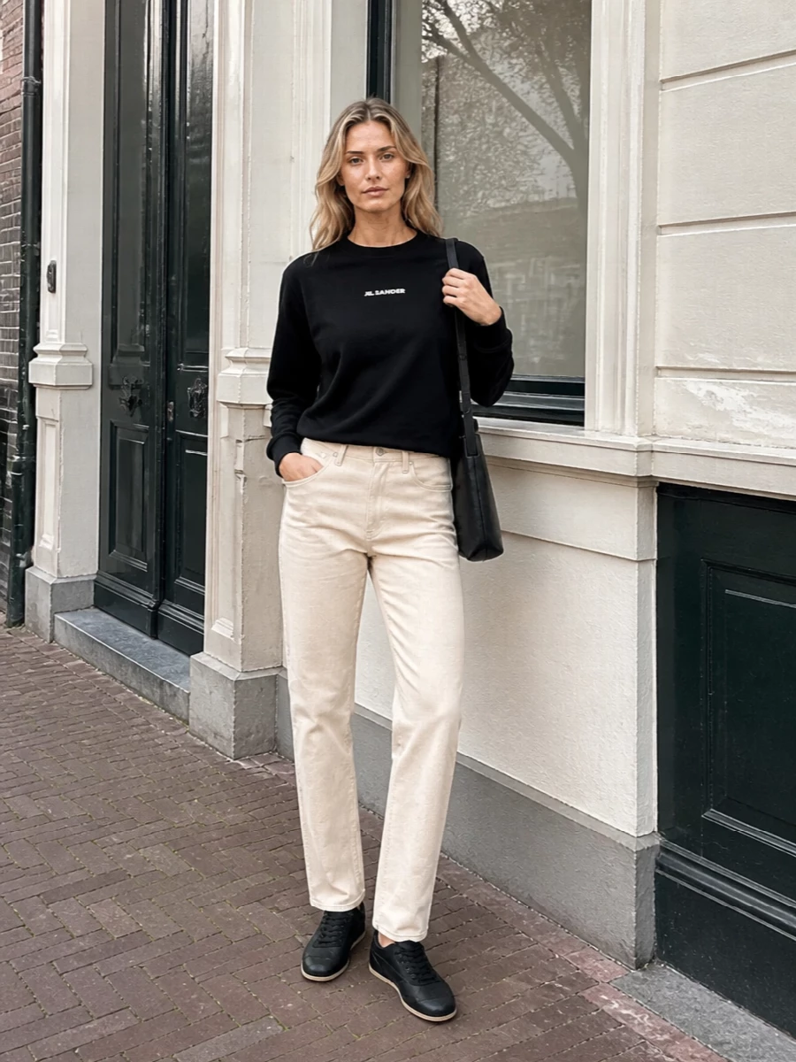 A black logo sweatshirt is sharpened with crisp ivory straight-leg trousers for a clean, gallery-ready monochrome palette. Low-profile black sneakers and a structured leather cross-body keep the line streamlined and urban. The result feels minimal, modern and quietly assured for city days that move.