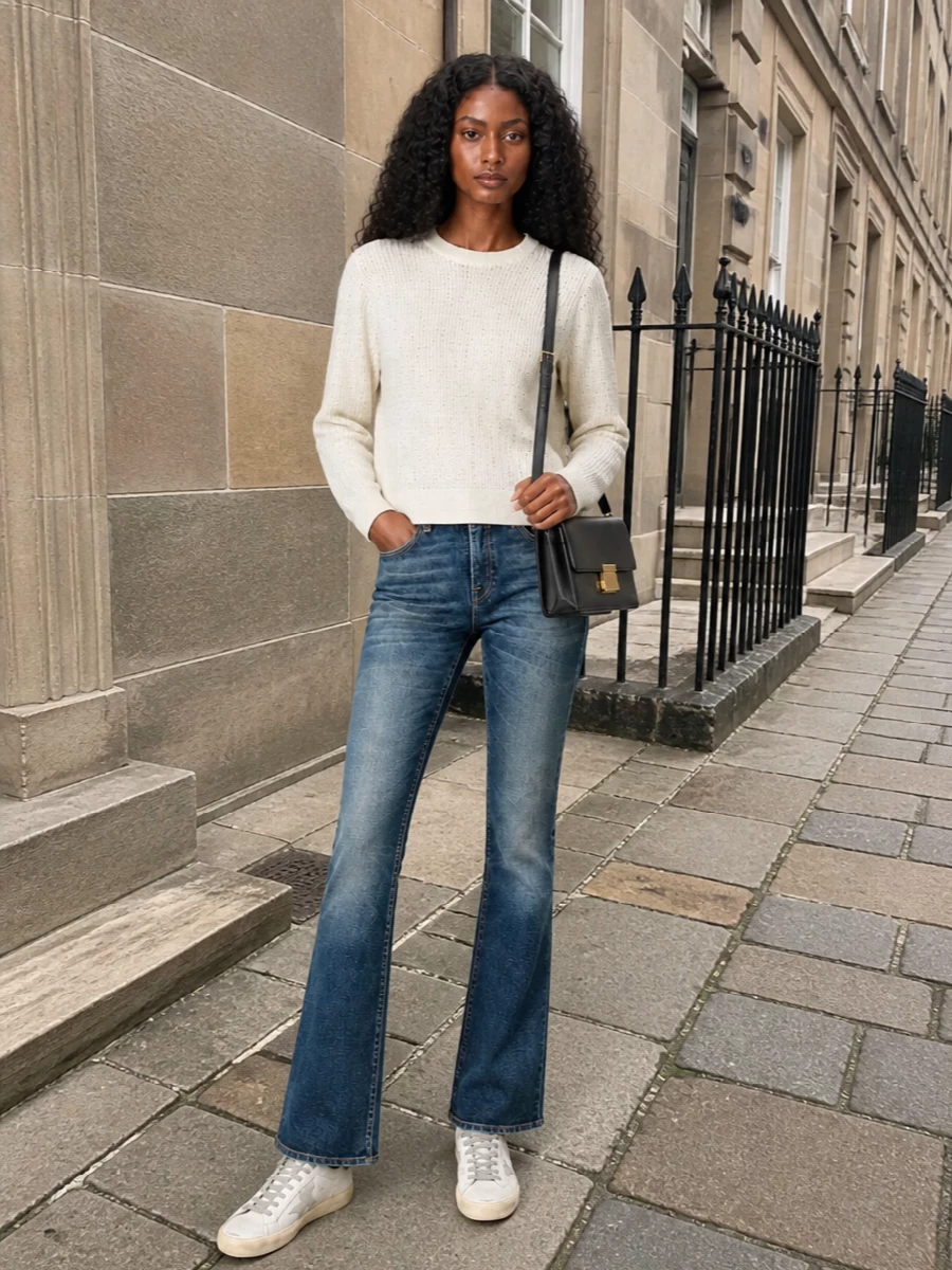 Golden goose sneakers ivory sweater bootcut jeans