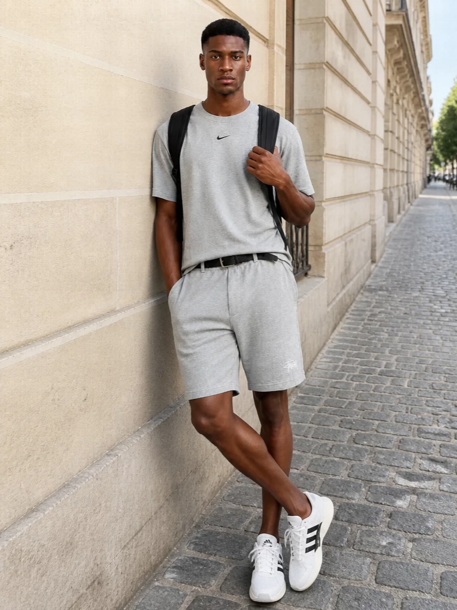 Stussy grey shorts nike tee adidas sneakers
