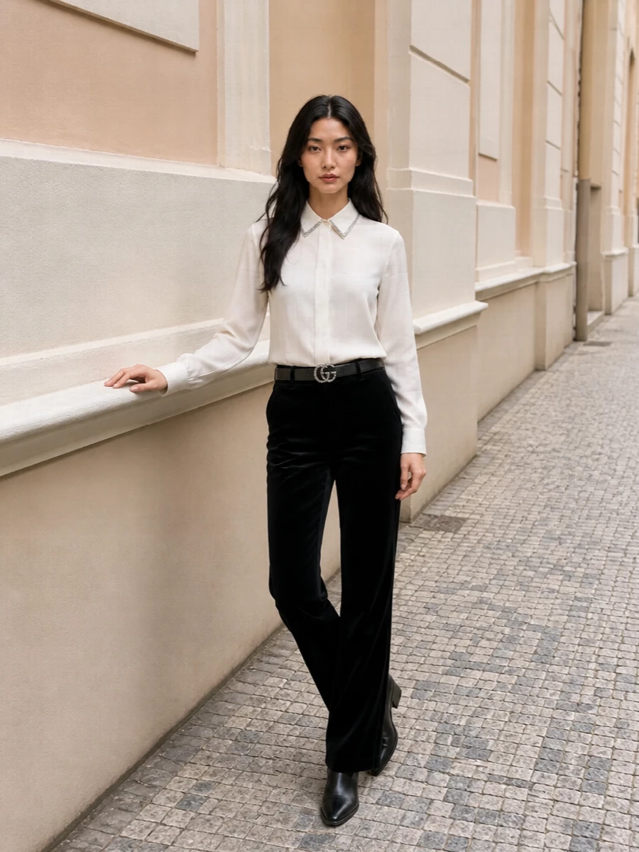 Golden goose velvet trousers ivory shirt outfit