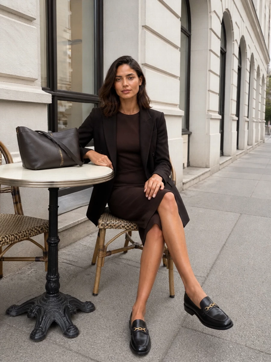 I am styling this around the dress path, letting the chocolate sheath be the anchor rather than competing blazer layers. The result is a quietly powerful brown tailoring story, grounded with black Tod’s loafers and an espresso Totême bag that read boardroom-appropriate yet glide easily into dinner. Gold accents stay subtle, so the focus remains on proportion, cut and that deep, refined neutral palette.