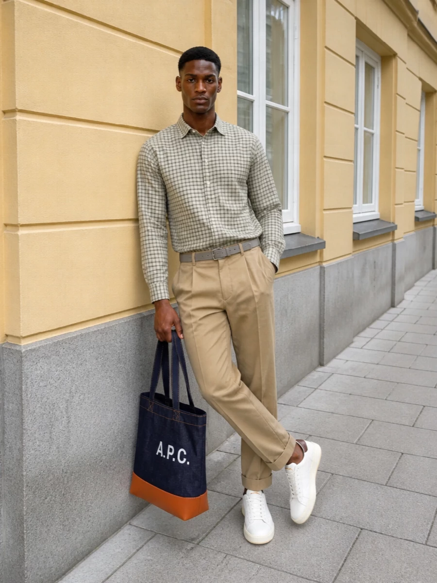 Beams plus check shirt khaki trousers sneakers