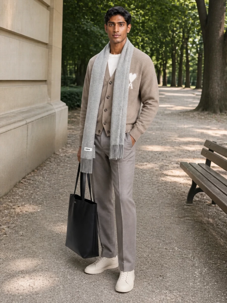 Ami taupe cardigan trousers cream sneakers
