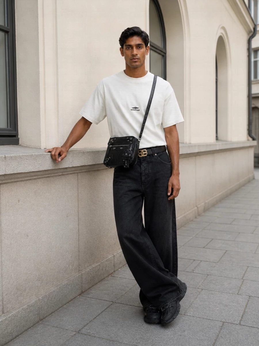 Balenciaga wide leg jeans chunky sneakers outfit