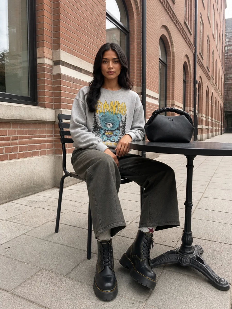 Ganni teddy sweatshirt wide leg sweatpants outfit