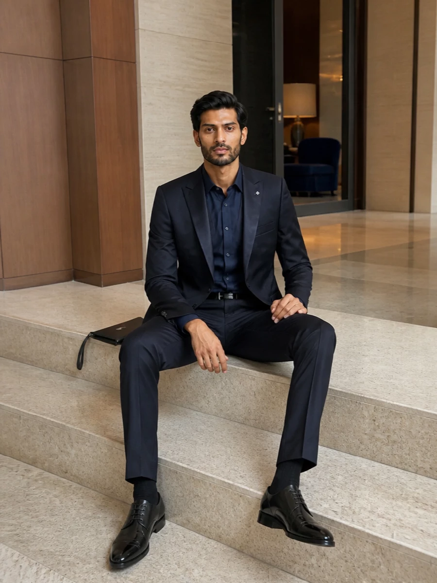 Tagliatore tuxedo navy trousers black derbies