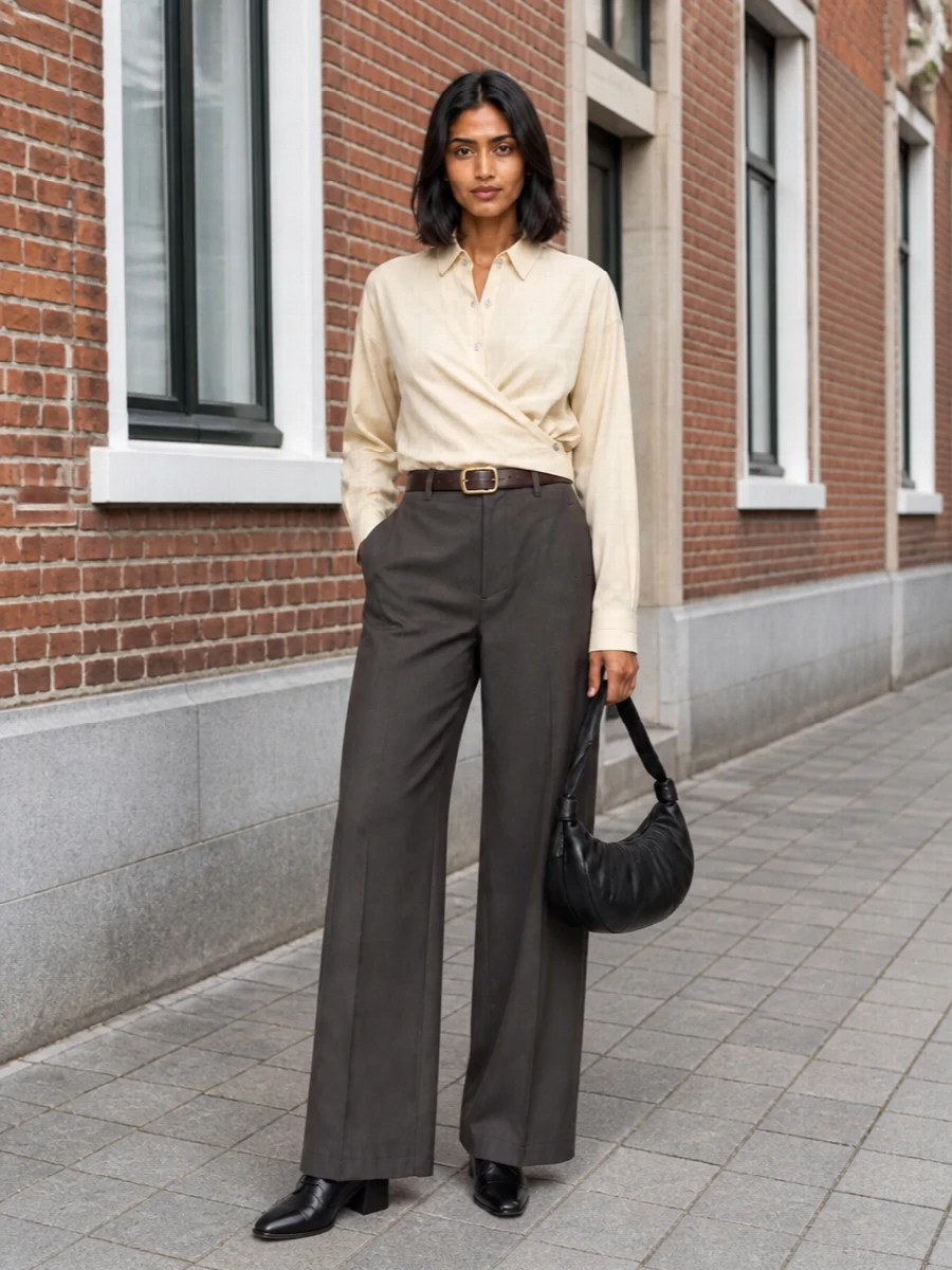 Charcoal tailored wide-legs are paired with a buttercream asymmetric shirt for a calm, tonal contrast that still feels sharp enough for serious days. A dark chocolate belt and black mid-heel lace-ups refine the proportions, giving the wide leg structure without losing ease. A sculpted black crescent bag finishes the ensemble with a quiet, architectural line that leans intellectual rather than overtly corporate.