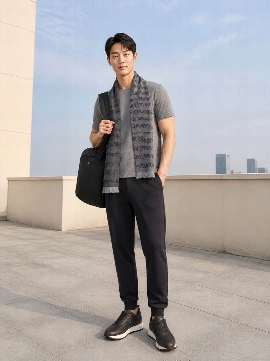 Emporio armani charcoal joggers grey tee outfit
